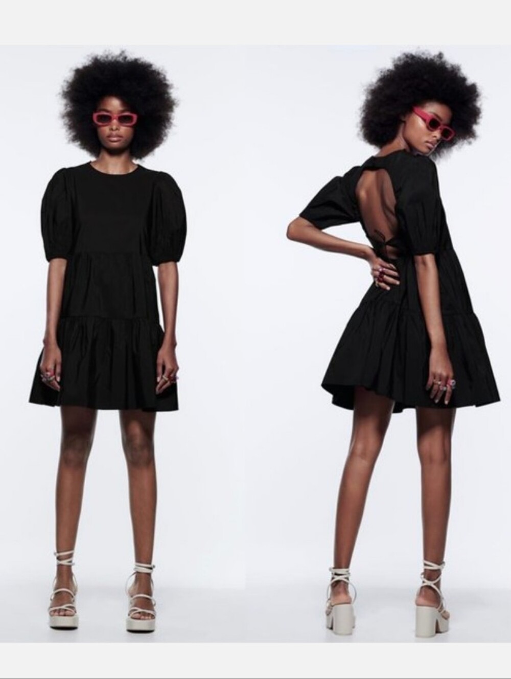 Zara Black Open Back Tiered Puff Sleeve Mini Dress